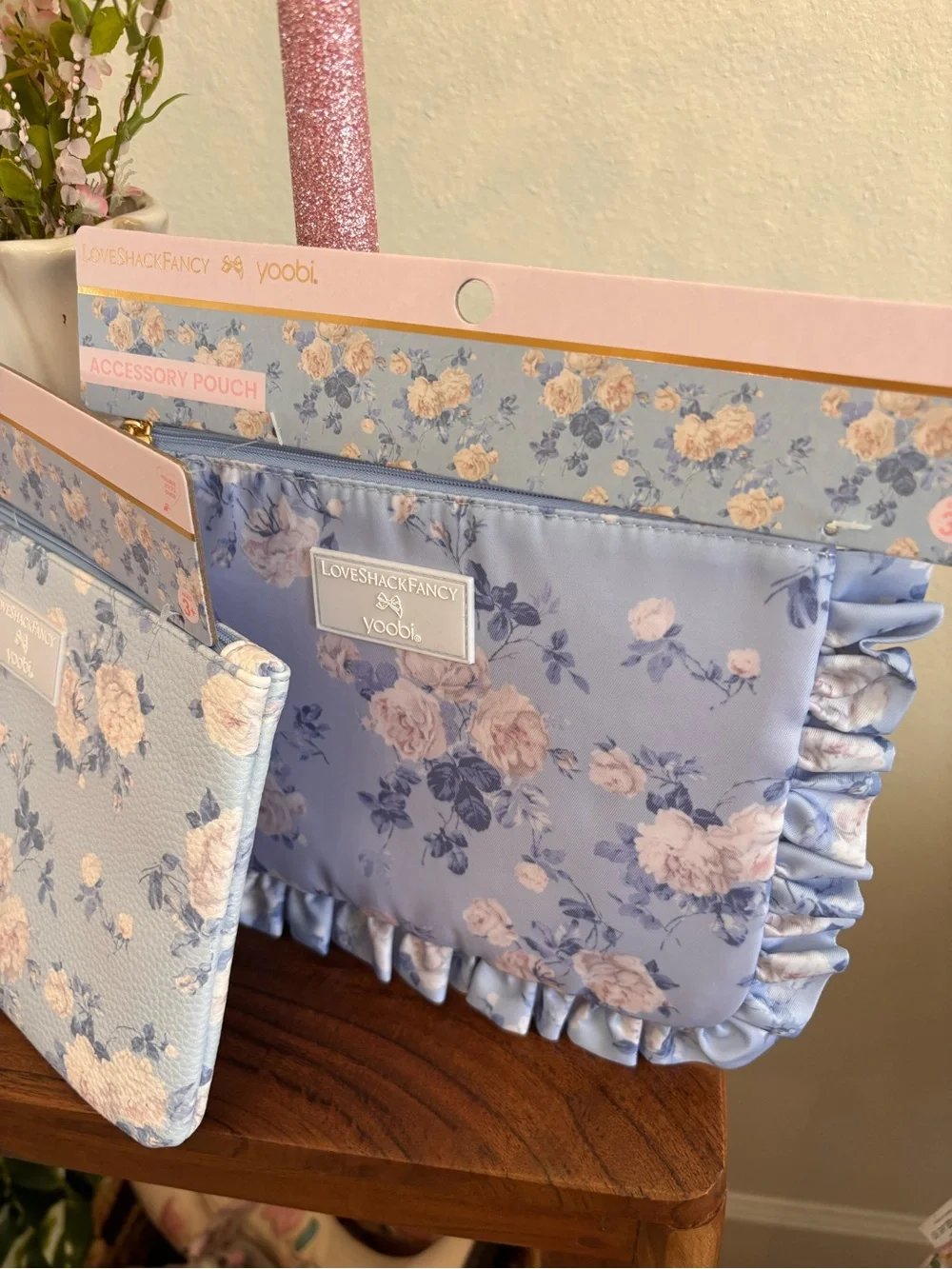 LoveShackFancy Lavender Floral Accessory Pouch and phone clips